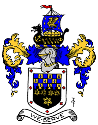 Metropolitan Borough of Wandsworth coat of arms with teardrops in the gold squares that represent the tears of the French Huguenots